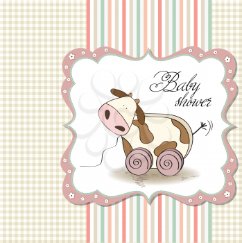 Baby shower card with cute cow toy, vector illustration