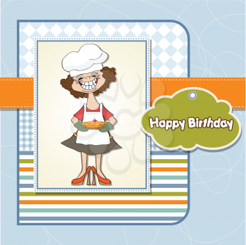 birthday greeting card with funny woman and pie