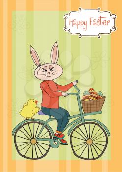 Easter bunny with a basket of Easter eggs, vector illustration