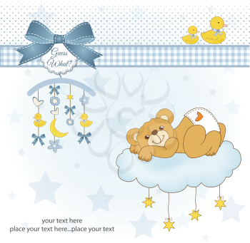 baby shower card with sleepy teddy bear, vector illustration