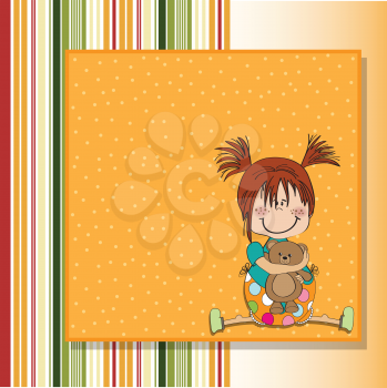 little girl sitting with her teddy bear, vector illustration