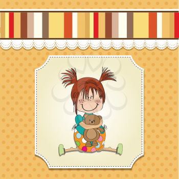 little girl sitting with her teddy bear, vector illustration