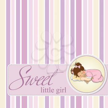 baby shower card with little baby girl play with her teddy bear toy