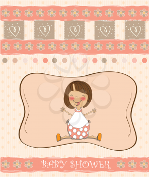 new baby girl announcement card with little girl, vector illustration