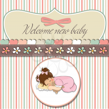 baby shower card with little baby girl play with her teddy bear toy