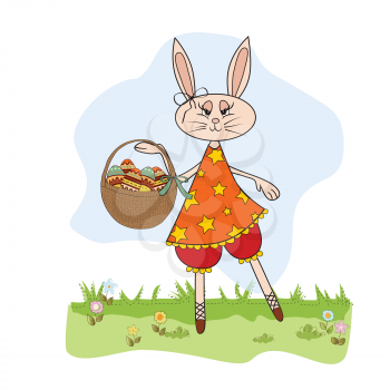 Easter bunny with a basket of Easter eggs, vector illustration