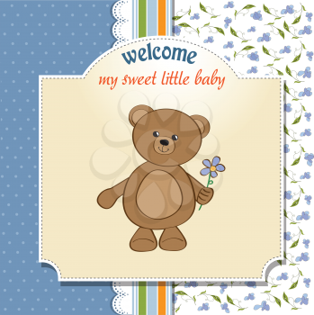 baby shower card with teddy bear toy, vector illustration