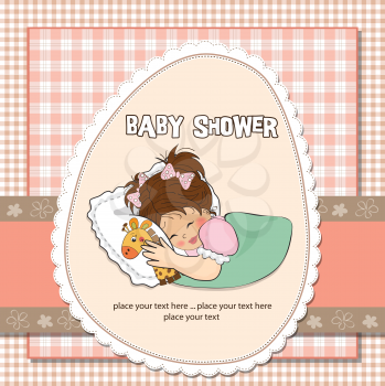 baby shower card with little girl and her toy