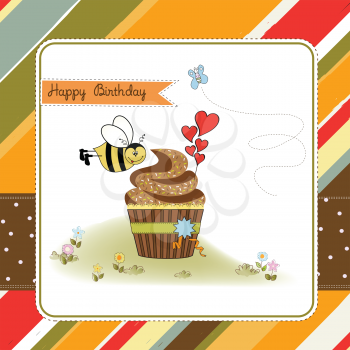 birthday greeting card with cupcake and funny bee