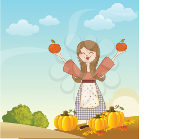 autumn girl with apples and pumpkins