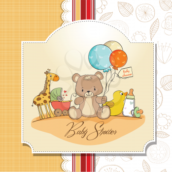 baby shower card with toys, vector illustration
