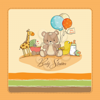 baby shower card with toys, vector illustration