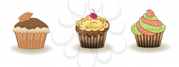 Set of 3 cute cupcakes isolated on white background