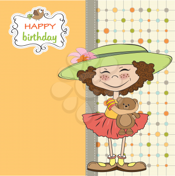 cute birthday greeting card with girl and her teddy bear