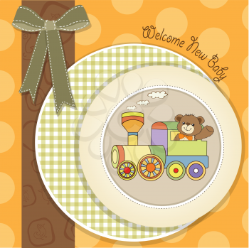 baby shower card with teddy bear and train toy, vector