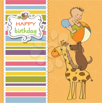 funny cartoon birthday greeting card, vector illustration