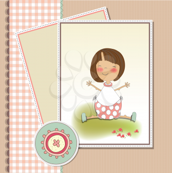 new baby girl announcement card with little girl, vector illustration
