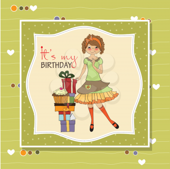 pretty young girl with gift, illustration in vector format