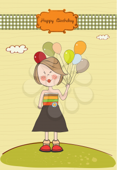 Funny girl with balloon, birthday greeting card