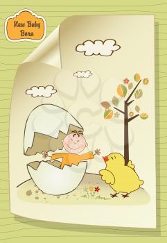 Welcome baby card with broken egg and little baby
