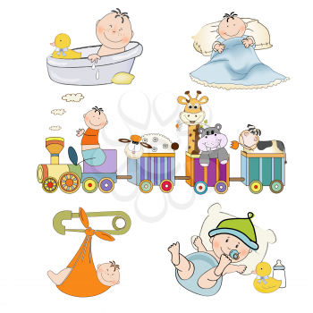 new baby boy items set isolated on white background, vector illustration