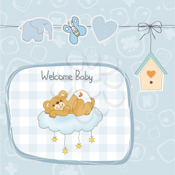 baby shower card with sleepy teddy bear, vector illustration