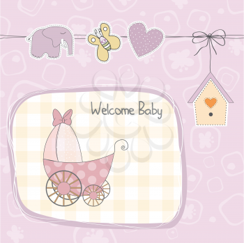 baby girl shower card with stroller, illustration in vector format