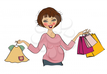 happy pregnant woman at shopping, isolated on white background, vector illustration