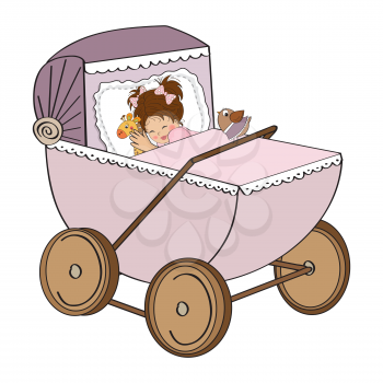 baby girl in retro stroller isolated on white background, vector illustration