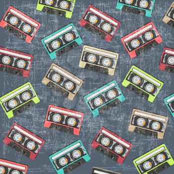 seamless background with vintage analogue music recordable cassettes, vector illustration