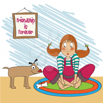 young girl receives a bone gift from her puppy, vector illustration