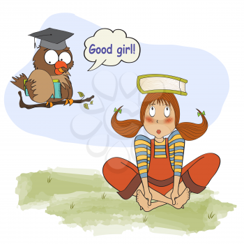 young girl studying with her ​​teacher, an owl, vector illustration