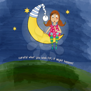 young pretty girl sitting down on a moon, vector illustration