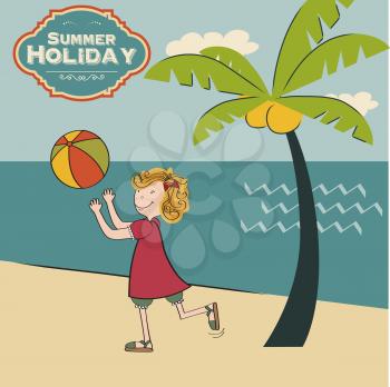 girl playing ball on the beach, vector illustration