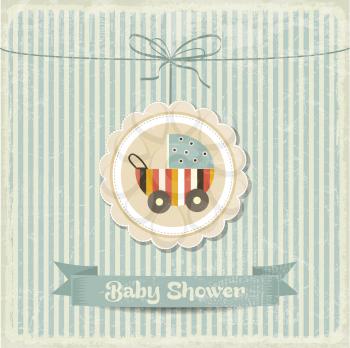 retro baby shower card with stroller, vector format