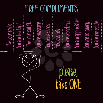 Funny illustration with message:  Free compliments, please take one, vector format