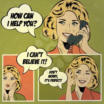 Illustrations for comic books with retro woman in pop art style, vector format