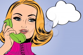 pop art cute retro woman in comics style talking on the phone, vector illustration