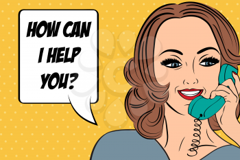 pop art  retro woman in comics style talking on the phone, vector illustration