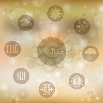 Set of flat design concept icons for weather on yellow blurred background, vector illustration