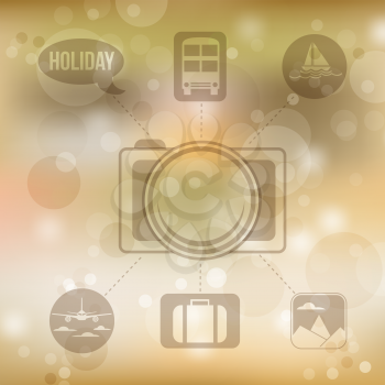 Set of flat design concept icons for holiday and travel on blurred yellow background, vector illustration