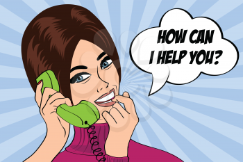 pop art cute retro woman in comics style with message how can I help you, vector illustration