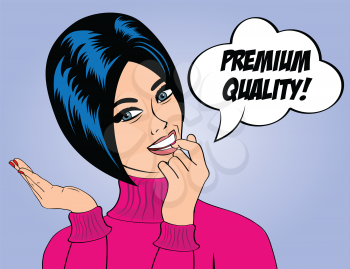 pop art cute retro woman in comics style with message premium quality, vector illustration