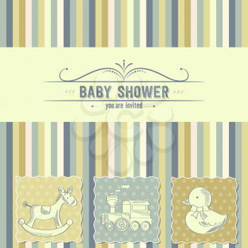 baby shower card with retro toys, vector illustration