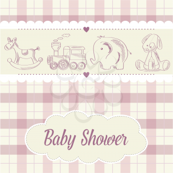 baby girl shower card with retro toys, vector illustration