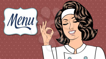 Sexy  chef woman in uniform  gesturing ok sign with her hand, vector format. Menu