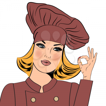 Sexy blonde chef woman in uniform  gesturing ok sign with her hand, vector format