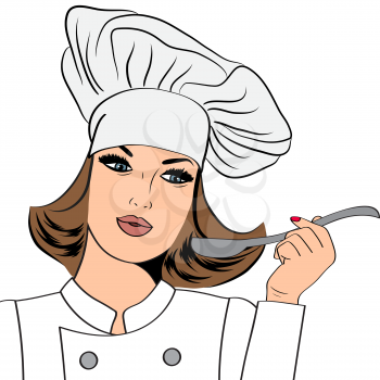 Sexy chef woman in uniform taste the food, vector format