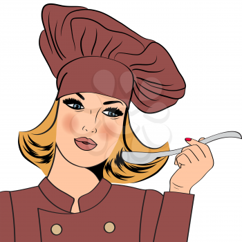 Sexy blonde chef woman in uniform taste the food, vector format