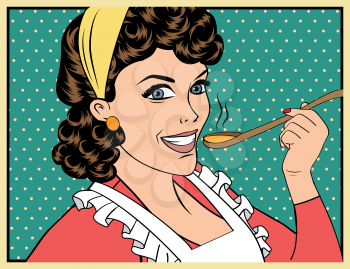 pop art retro woman with apron tasting her food. vector illustration